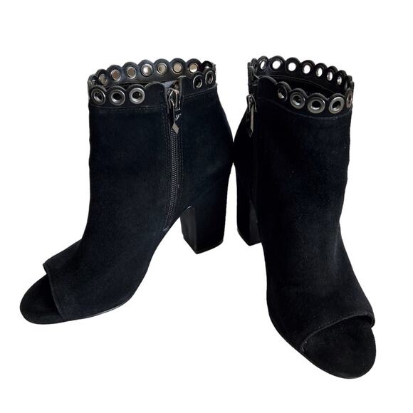 Fergie Women 6. 5 Bootie Jackie Ankle Moto Black Suede Peep toe Metal Accent Zip - Picture 1 of 10
